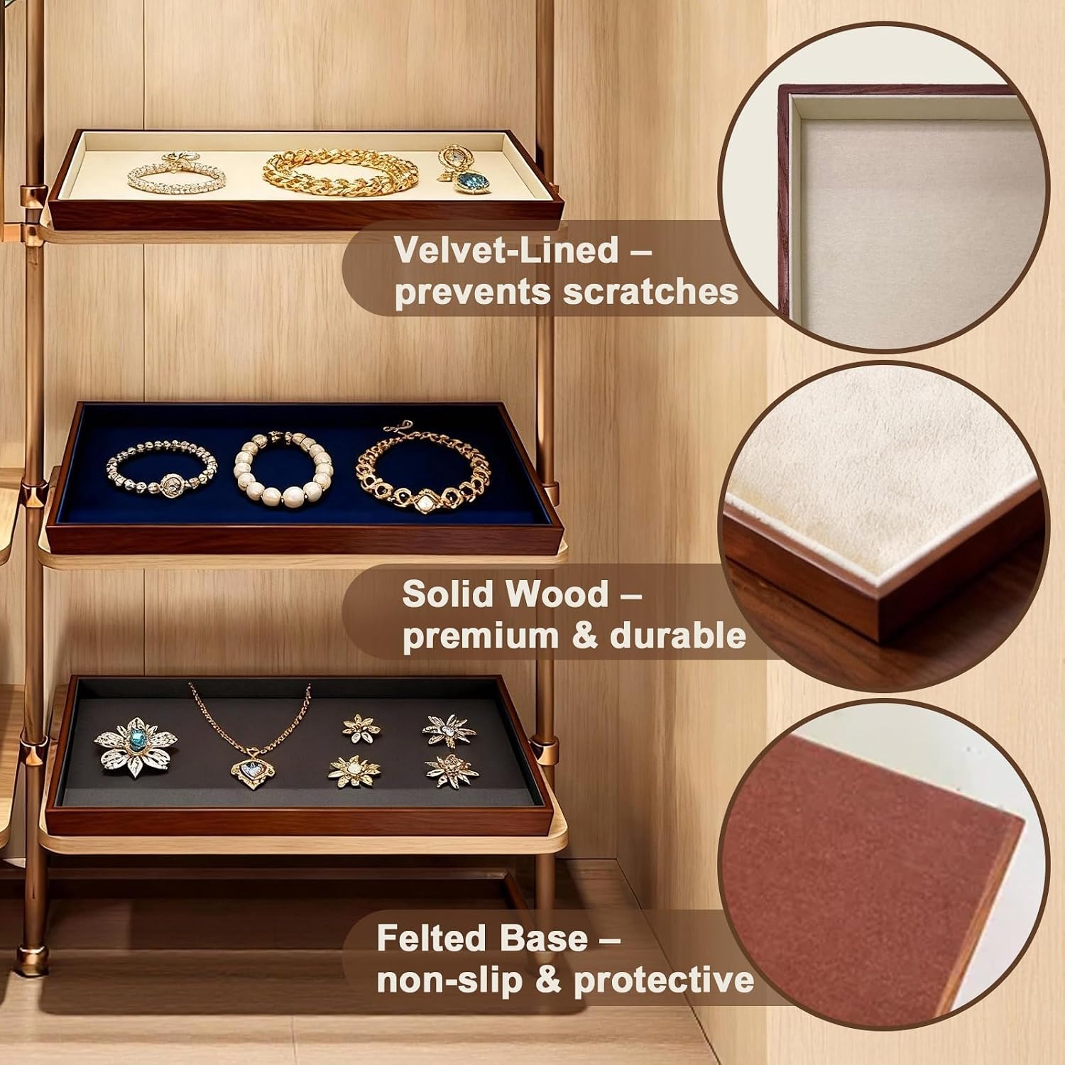 Large Solid Wood Jewelry Watch Tray, Velvet Jewelry Board Display Trays for Key Wallet Ring，Stackable Wooden Jewelry Drawer Organizer Showcase Jewelry Holder(Grey)