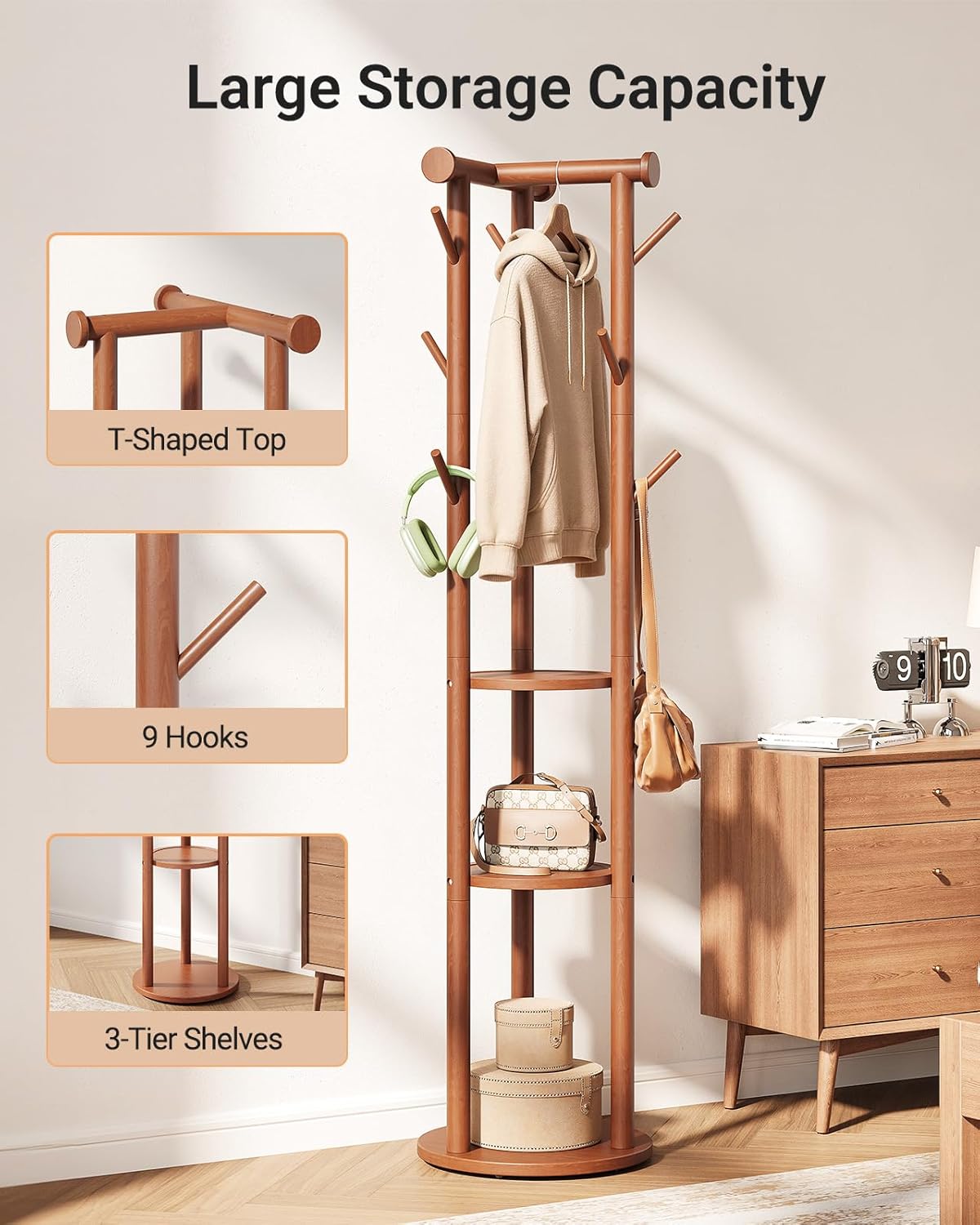 Pipishell Rotary Coat Rack, Solid Wood Coat Rack Freestanding with Wheels, 9 Hooks, T-Shaped Top & 3-Tier Shelves for Entryway, Hallway, Bedroom, Coat Tree for Coats, Bags, Hats & Scarves