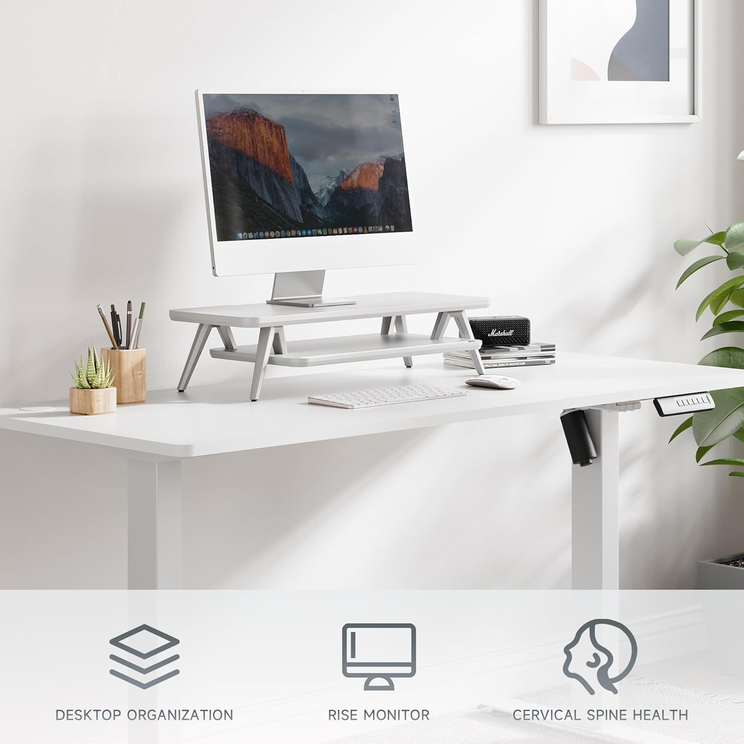 Fenge Monitor Stand, Monitor Stands Riser for Desk, 23.6 Inch Wood Desk Shelf with Storage Organizer and Cable Management for Office Desk Accessories