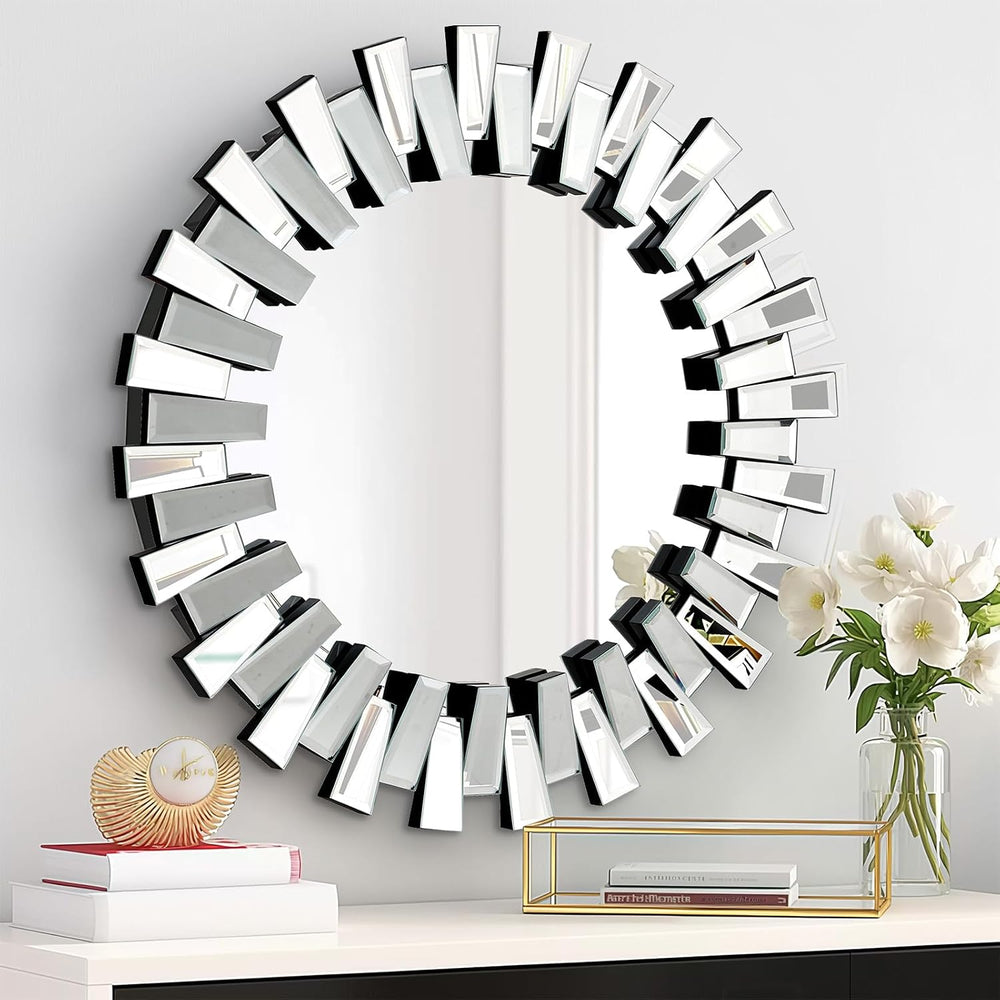QDSSDECO Round Mirror Sunburst Wall Mirror 24" Beveled Edge Frameless fo...