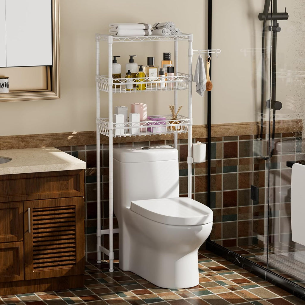 3-Tier Over-The-Toilet Storage Shelf,Heavy-Duty Adjustable Bathroom Rack with 2 Mesh Baskets,Toilet Paper Holder & Hooks,Space-Saving Organizer for Bathroom,10”D x 24”W x 66”H,White