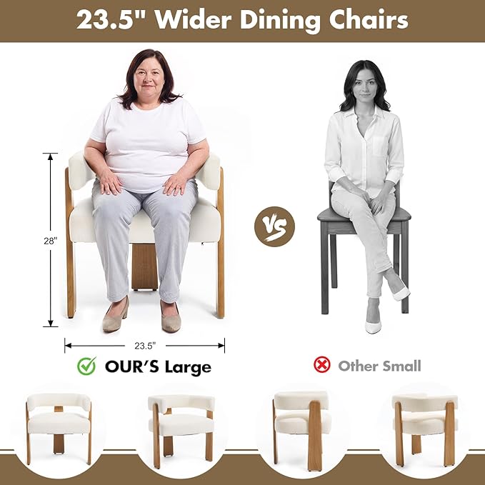 Set of 6 Modern Boho Barrel Dining Chairs with Wood Legs, White Upholstered Accent Armchairs with Thick Padded Cushion for Kitchen, Minimalist Natural Chic Chairs for Living Room