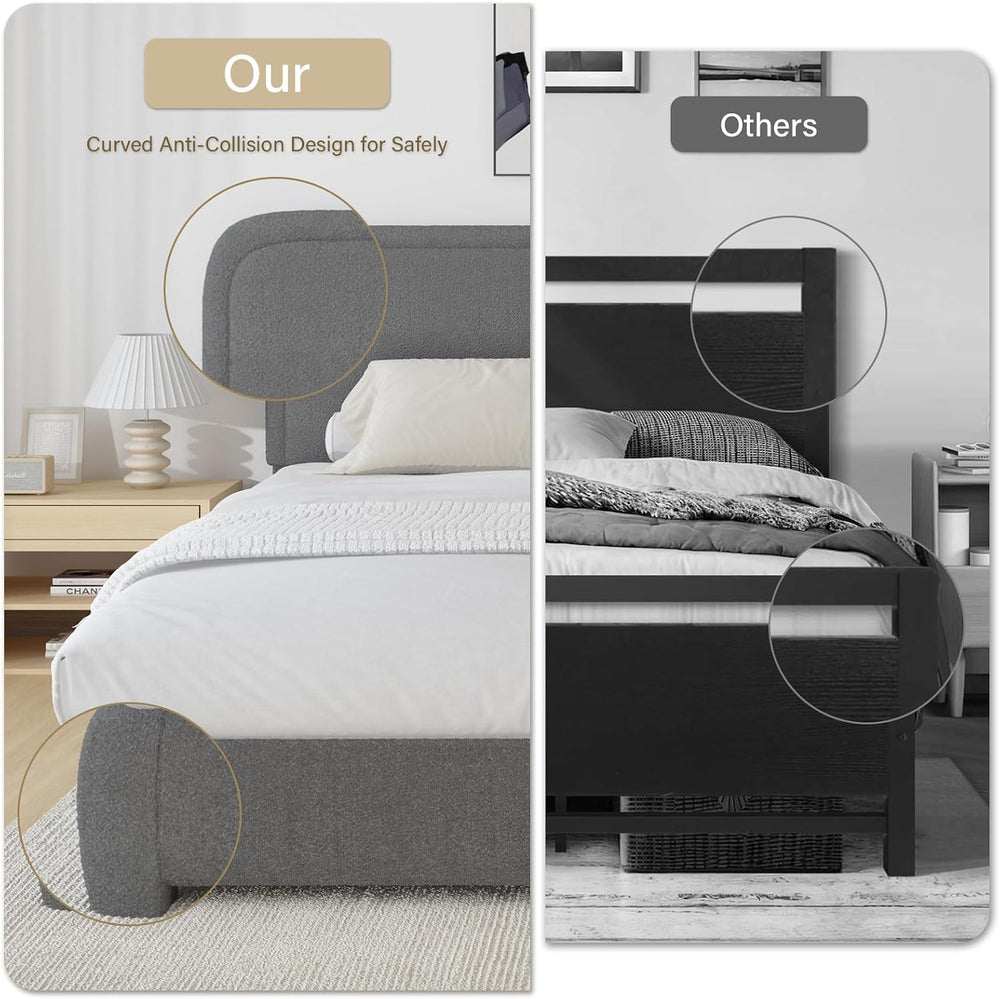 BarnFurin Queen Bed Frame, Cloud Boucle Headboard, Rounded Corners, Grey