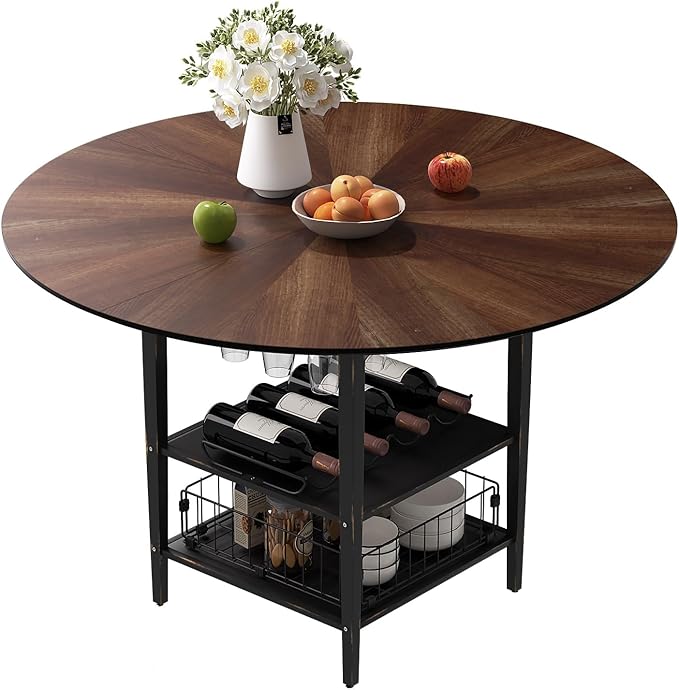 VFK 47 Inch Round Dining Table for 4, Kitchen Table Dining Table, Round Table with 2 Tier Storage Shelves for Home Dining Room,Living Room