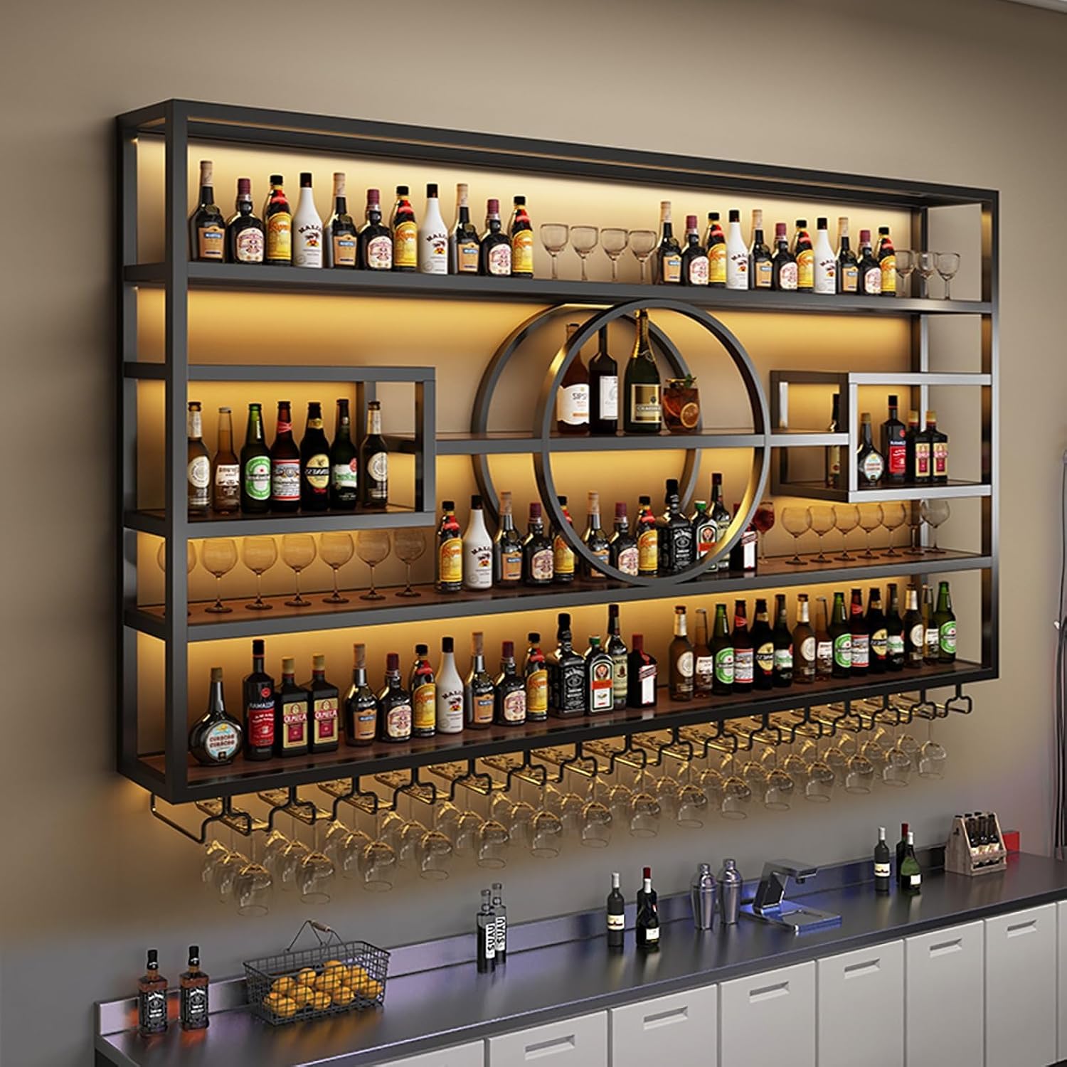 55.1in Large Wall Mounted Wine Rack, Modern Metal Wine Bottle and Glass Holder, 4-Tiers Liquor Bottles Floating Shelves Display Storage for Home Bar & Dining Room Decorative (Black, 55.1 * 8 * 51INCH)