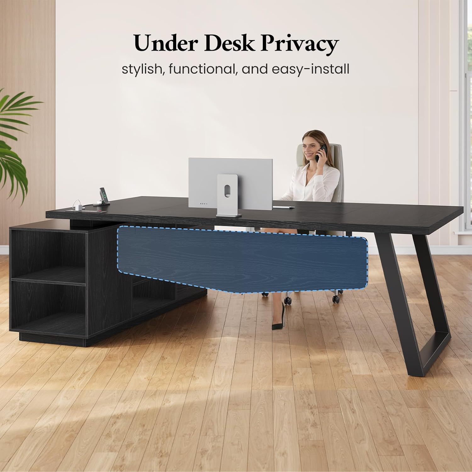 70.3 in L Shaped Executive Desk with Power Outlets, Large Home Office Desk with Storage Drawers & File Cabinet, Modern Computer Desk with Shelves, Black Business Furniture, Square Metal Legs, Black