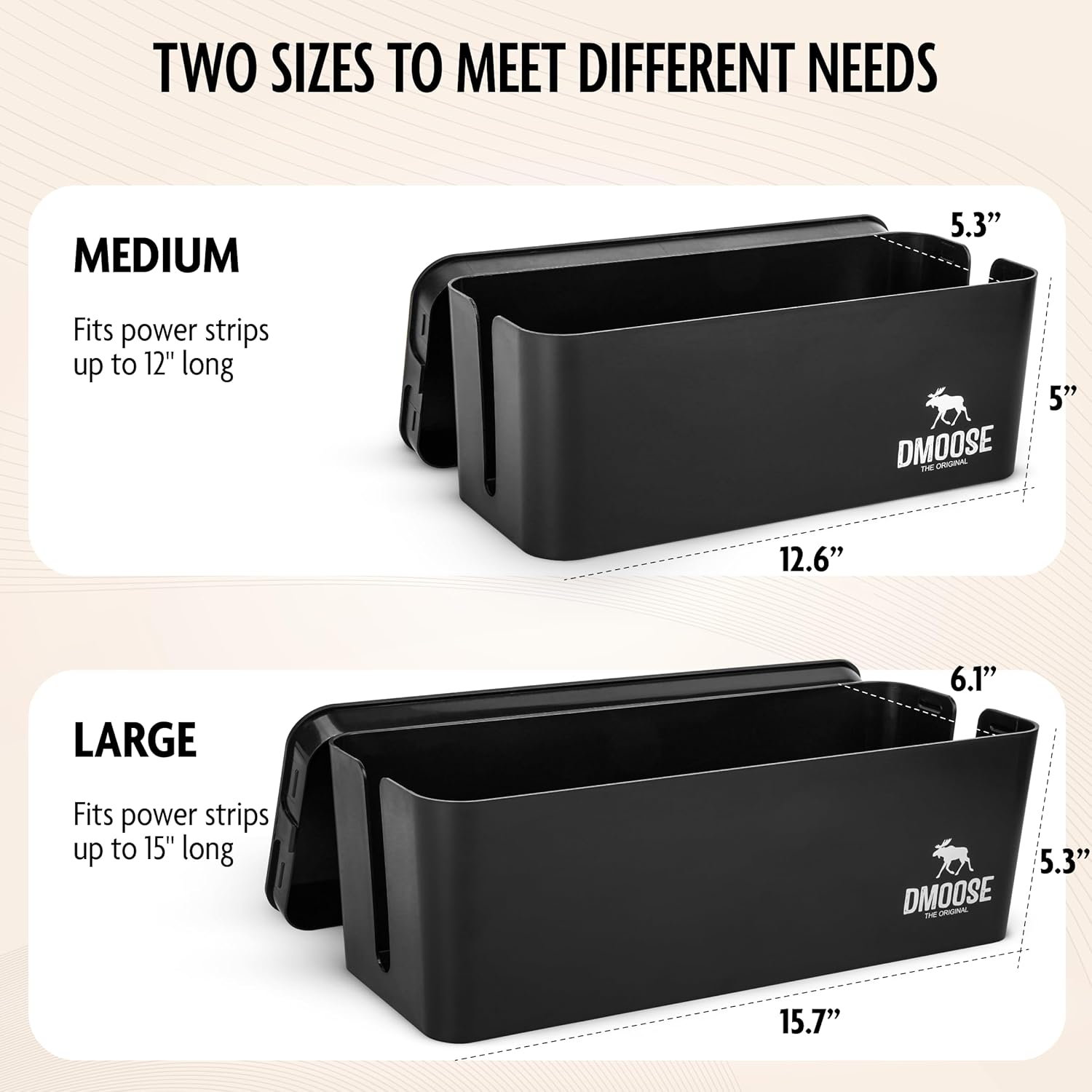 DMoose Cable Management Box - 2 Pack Medium & Large Cord Organizer for Desk & Floor, Cable Organizer Box for Child & Pet - Hider for Tidy Office & Home (Wood Print Lid, Black, Pack of 2)