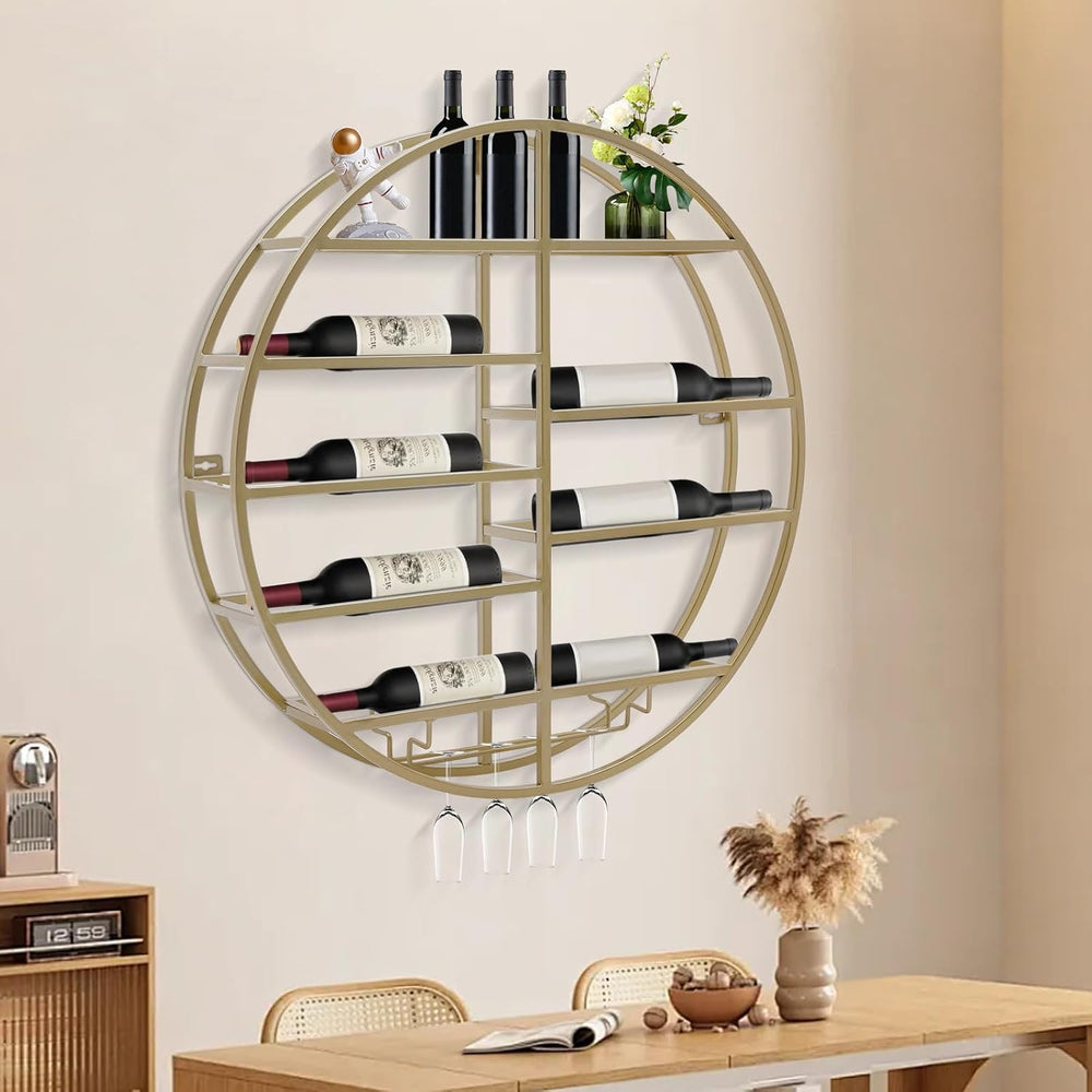 Wall Mounted Wine Rack with Glass Holder, 23.6" Round Metal Wine Shelf f...