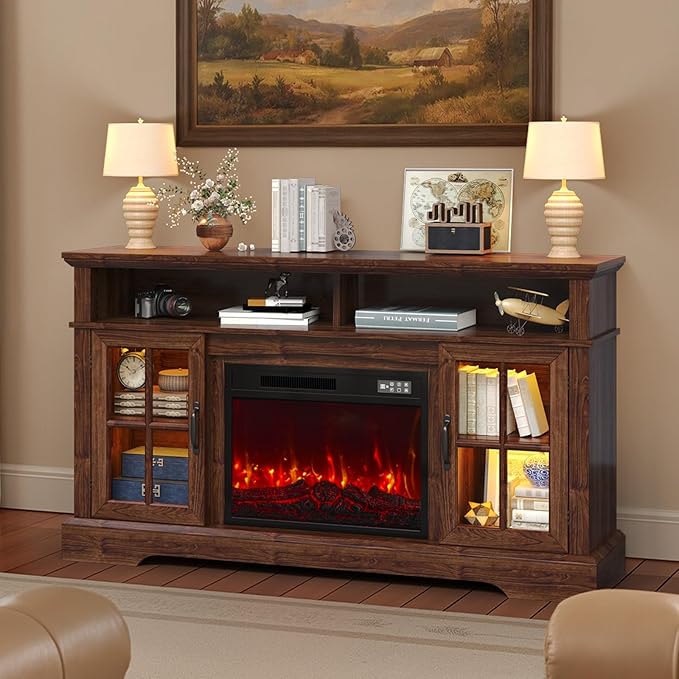 58" TV Stand with Electric Fireplace, Modern Entertainment Center for TVs Up to 80 Inches, Farmhouse Media Console with Storage Cabinets & Doors for Living Room, Brown and Black