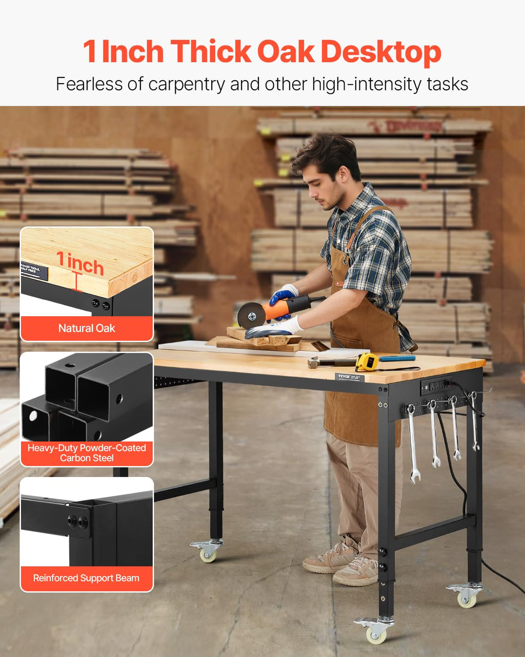 VEVOR Adjustable Workbench, 48-Inch Work Bench with Power Outlet, Wheels, and Pegboard, 2000 lbs Load Heavy Duty Oak Wood Top Work Table for Garage, Workshop, Office, and Home