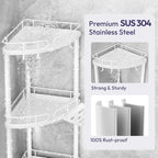 SWTYMIKI Corner Shower Caddy Standing - 4 Tier Stainless Steel Shower Organizer Stand with 4 Hooks & Soap Holder, Rustproof Metal Standing Tall Floor Shower Shelf and Bathroom Organizer, White
