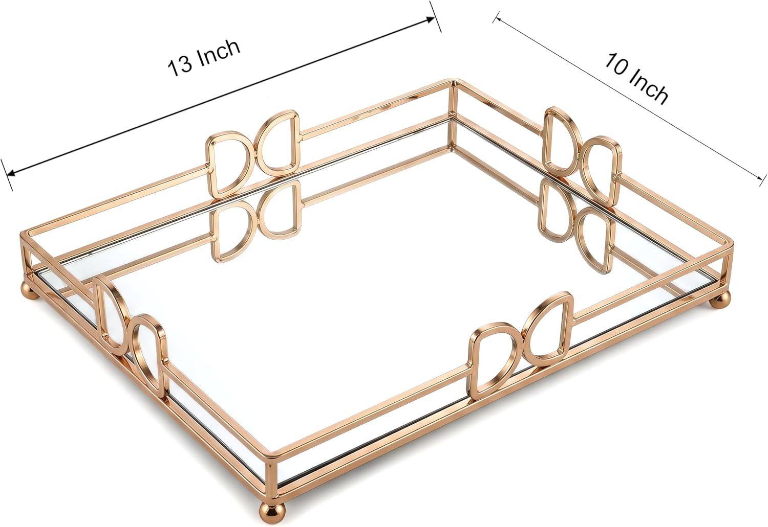 13X 10 Inch Glass and Gold Rectangle Tray ，Dinner Plate Perfume and Vanity Tray - Decorative Mirrored Vanity Tray with Gold Metal Cutout Design, Jewelry Organizer (13 Inch DD Tray)