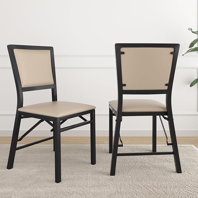 VECELO Folding Chairs Set of 2 with Cushion, Foldable Padded Seats with Heavy Duty Metal Frame for Kitchen/Dining/Living Room, No Assembly & Space Saving Design, Beige