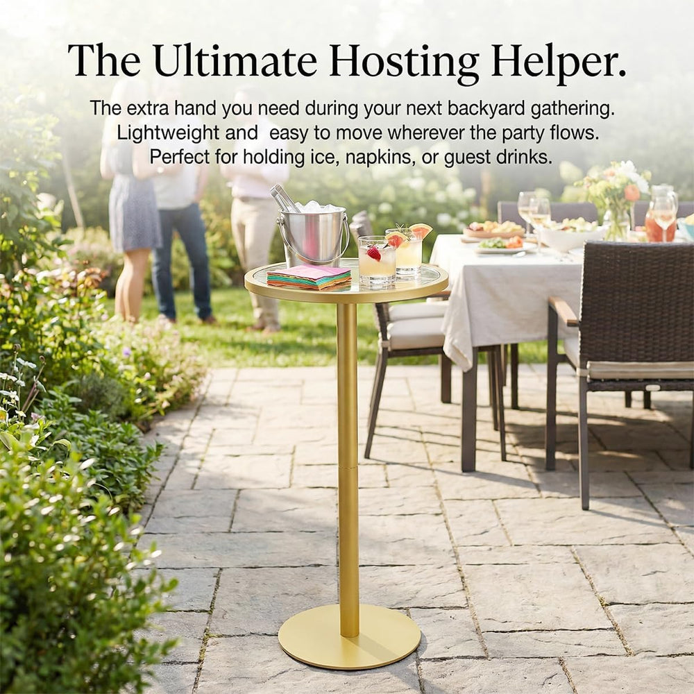 Gold Drink Table, Indoor Outdoor Small Round Side Table with Tempered Glass T...