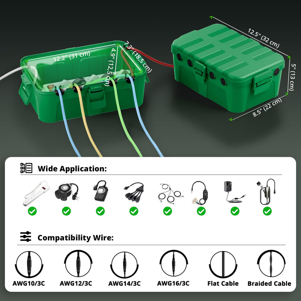 QUOBAS Extra Large Outdoor Electrical Box Waterproof, IP54 Weatherproof Extension Cord Cover, Outdoor Plug Cover Protect Outlet, Plug, Power Strip, Tools, Holiday Light, Green