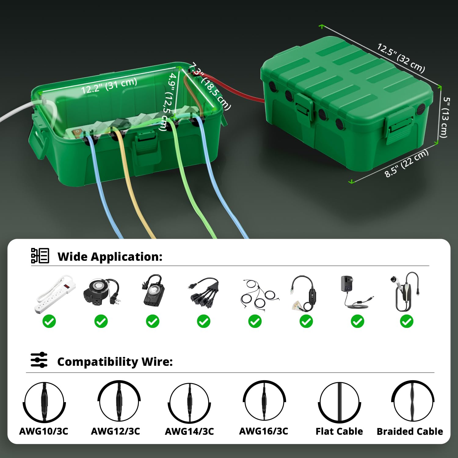 QUOBAS Extra Large Outdoor Electrical Box Waterproof, IP54 Weatherproof Extension Cord Cover, Outdoor Plug Cover Protect Outlet, Plug, Power Strip, Tools, Holiday Light, Green