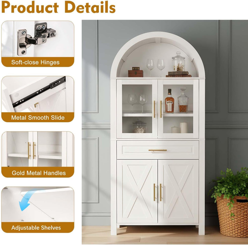 71" Arched Farmhouse Pantry Cabinet with Glass Barn Door, Versatile Cupb...
