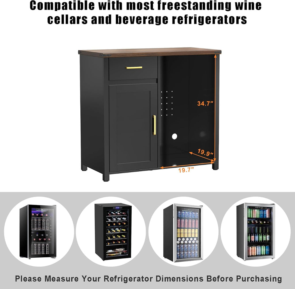 GDLF Coffee Bar Cabinet with Fridge Space, Mini Fridge Stand,Black | Compact Refrigerator Stand, Large Drawer & Cabinet, Black Finish with Warm Brown Top for Kitchen, Office, Dorm & Snack Bar