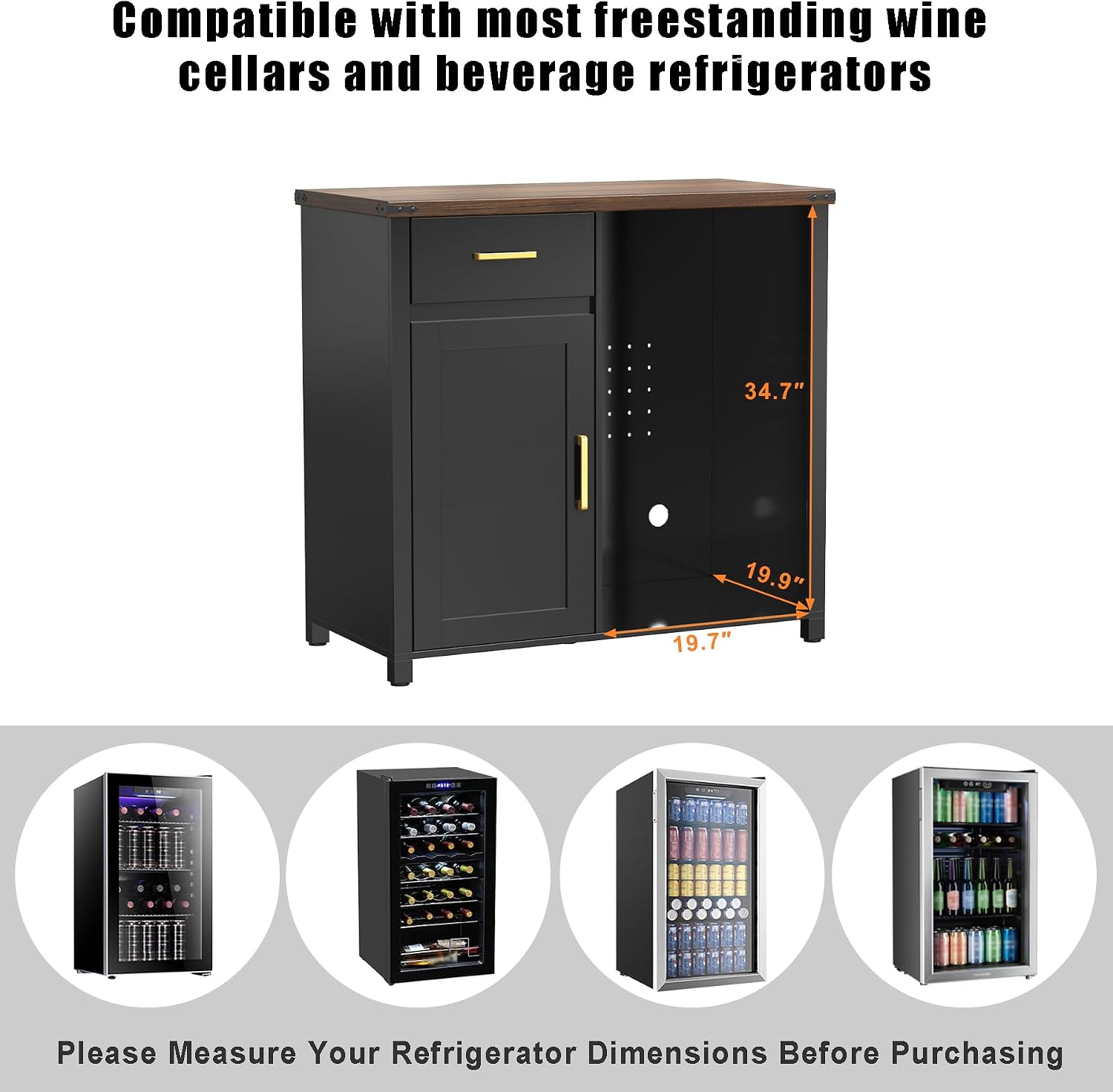 GDLF Coffee Bar Cabinet with Fridge Space, Mini Fridge Stand,Black | Compact Refrigerator Stand, Large Drawer & Cabinet, Black Finish with Warm Brown Top for Kitchen, Office, Dorm & Snack Bar