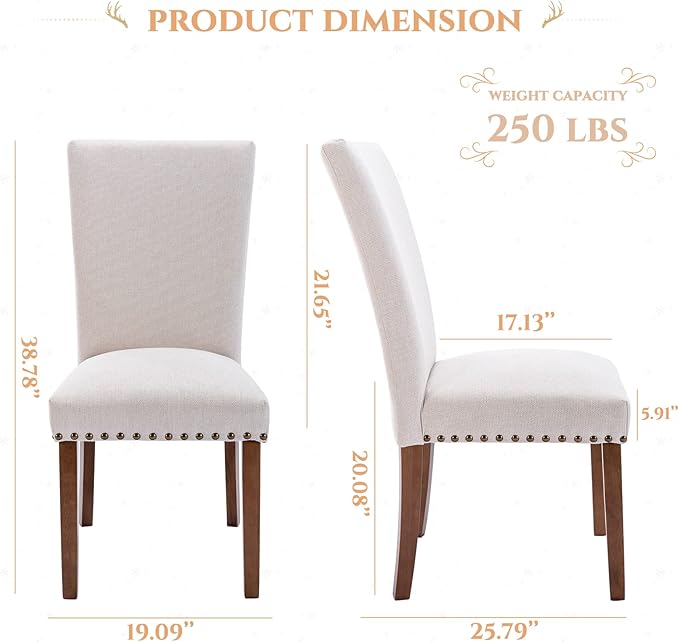 Parsons Dining Chairs Set of 2, Upholstered Nailhead Dining Room Kitchen Side Chair with Thick Cushions and Wood Legs, Beige
