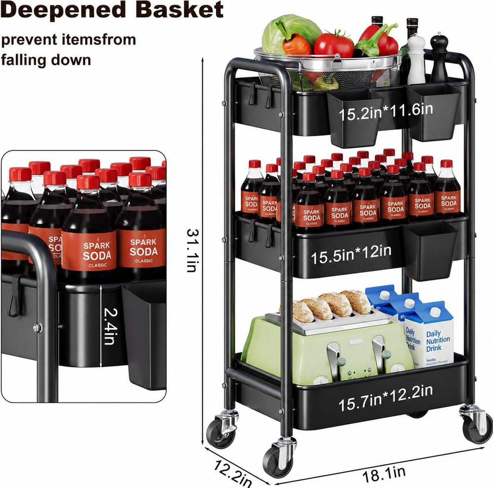 3 Tier Heavy Duty Metal Rolling Storage Cart Organizer with Wheels, Black | T...