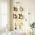SRIWATANA Shower Caddy Hanging, Bathroom Organizer, No Drilling Shelves Over Shower Head, Bath Rack Holder with Hooks for Razors and Sponge - Gold
