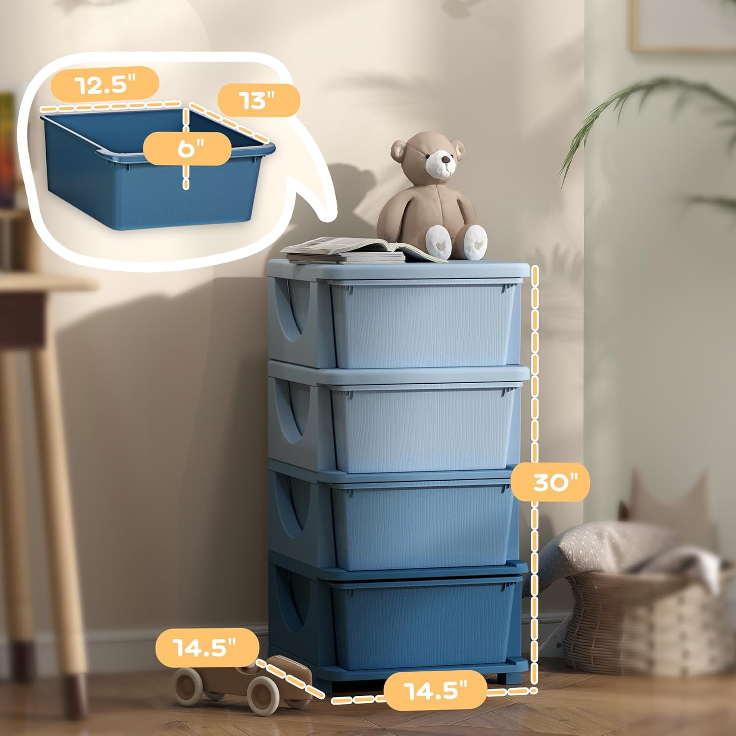 Qaba 4 Tier Kids Storage Unit, 4 Drawer Chest Toy Organizer Plastic Bins for Kids Bedroom Nursery Kindergarten Living Room for Boys Girls Toddlers, Blue