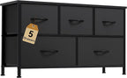 DWVO Dresser with 5 Drawers - Fabric Storage Tower, Organizer Unit for Bedroom, Living Room, Closets - Sturdy Steel Frame, Wooden Top (Black)