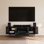 POVISON Fully-Assembled Mid Century Modern TV Stand for 65 inch TV, Sliding Door Entertainment Center with Storage, Wood TV Console, Media Console for Living Room Bedroom(Black, 70.87")