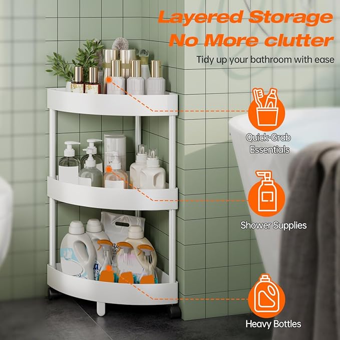 Rolling Cart with Wheels 3 Tier Bathroom Organizer Mobile Shelving Unit Utility Cart Tower Rack Multifunction Utility Storage carts, Kitchen Storage Organizer for Kitchen Laundry Narrow Places, White
