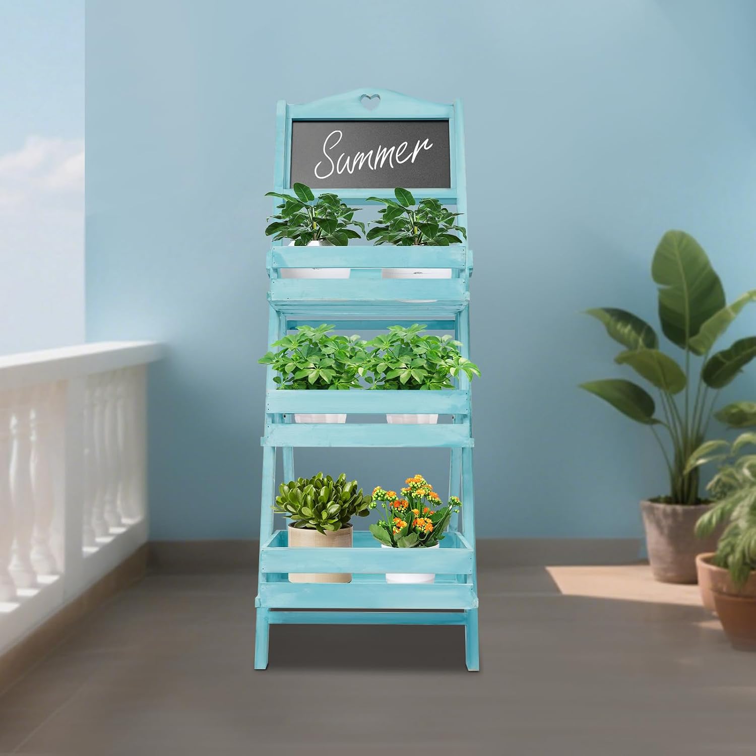 Plant Stand with Chalkboard, 3-Tier Freestanding Ladder Shelf for Indoor and Outdoor Use, Wood Rack for Living Room and Balcony, Space-Saving Design