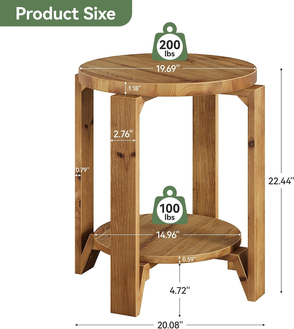 Solid Wood End Table, 2-Tier Round Wood Side Table for Living Room, Farmhouse...
