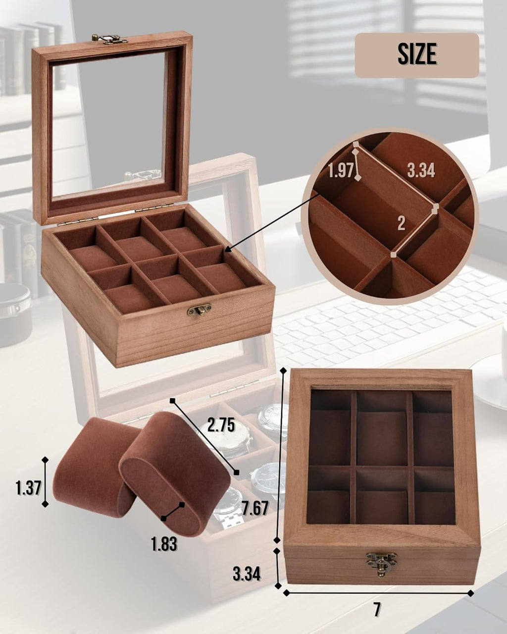 Watch Box, Watch Case for Men Women with Large Glass Lid, Wooden Watch Display Storage Box with 6 - Slots, Retro Burlywood 6x2 Mens Watch Box Organizer