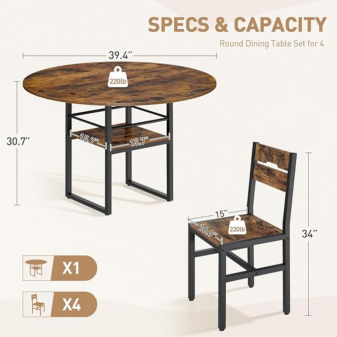 Round Dining Table Set for 4, Circle Kitchen Table and 4 Chairs, 5 piece Dining Table Set, with Wooden Tabletop and Widen Seat, Space Saving, for Dining Room, Rustic Brown and Black