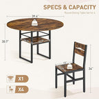 Round Dining Table Set for 4, Circle Kitchen Table and 4 Chairs, 5 piece Dining Table Set, with Wooden Tabletop and Widen Seat, Space Saving, for Dining Room, Rustic Brown and Black