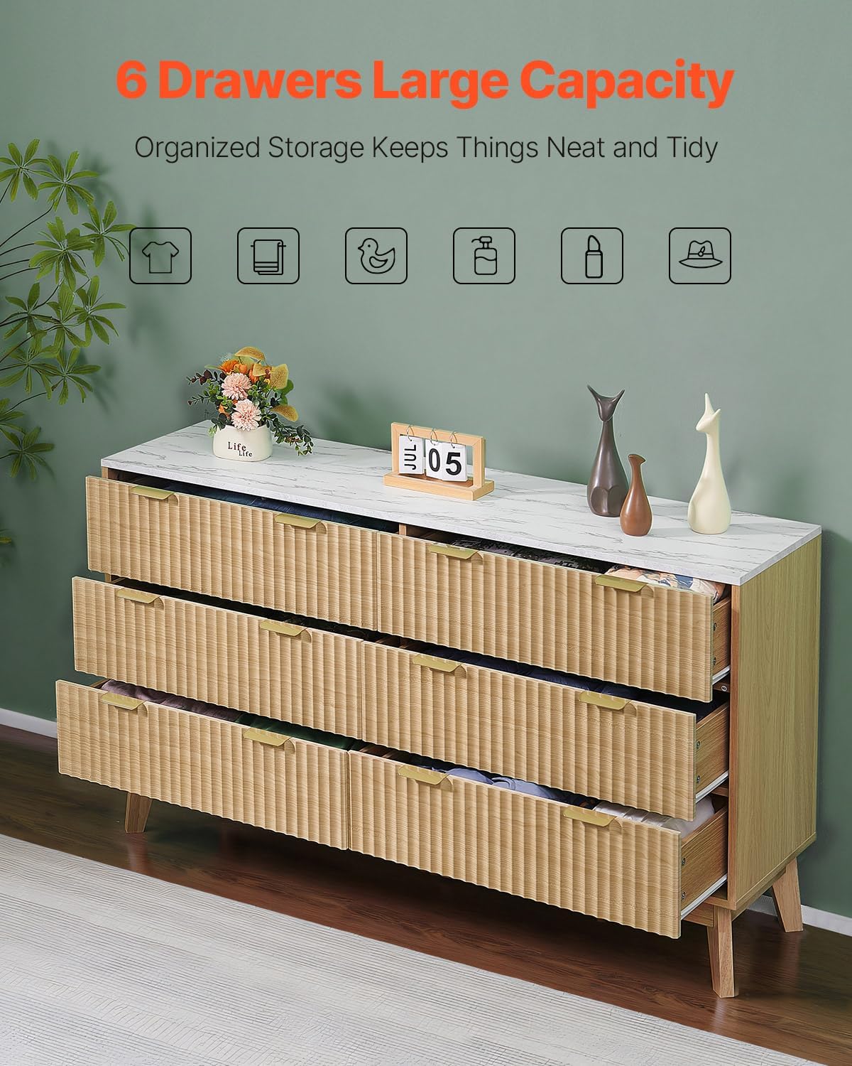 VEVOR Fluted 6 Drawer Dresser, 54" Wide Chest of Drawers with Faux Marble Top, Modern Dresser TV Stand, Wooden Closet Clothes Storage Organizer for Bedroom, Living Room, Hallway, Entryway, Natural Oak