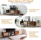Tiita Rattan TV Stand for 55 65 Inch TV, Bamboo TV Cabinet with 2 Drawers, Boho Entertainment Center with Adjustable Shelf, Mid Century Modern Media Console for Bedroom, Living Room, Walnut