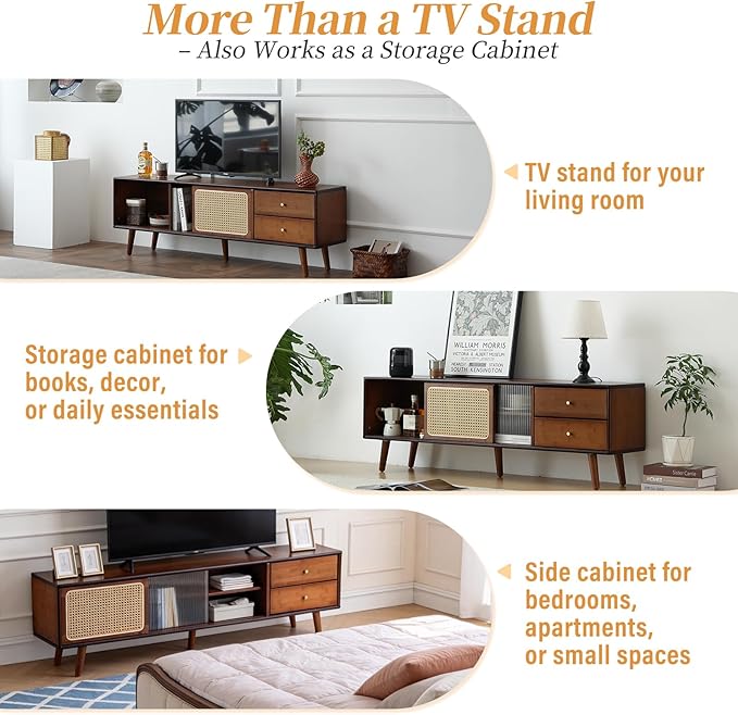 Tiita Rattan TV Stand for 55 65 Inch TV, Bamboo TV Cabinet with 2 Drawers, Boho Entertainment Center with Adjustable Shelf, Mid Century Modern Media Console for Bedroom, Living Room, Walnut