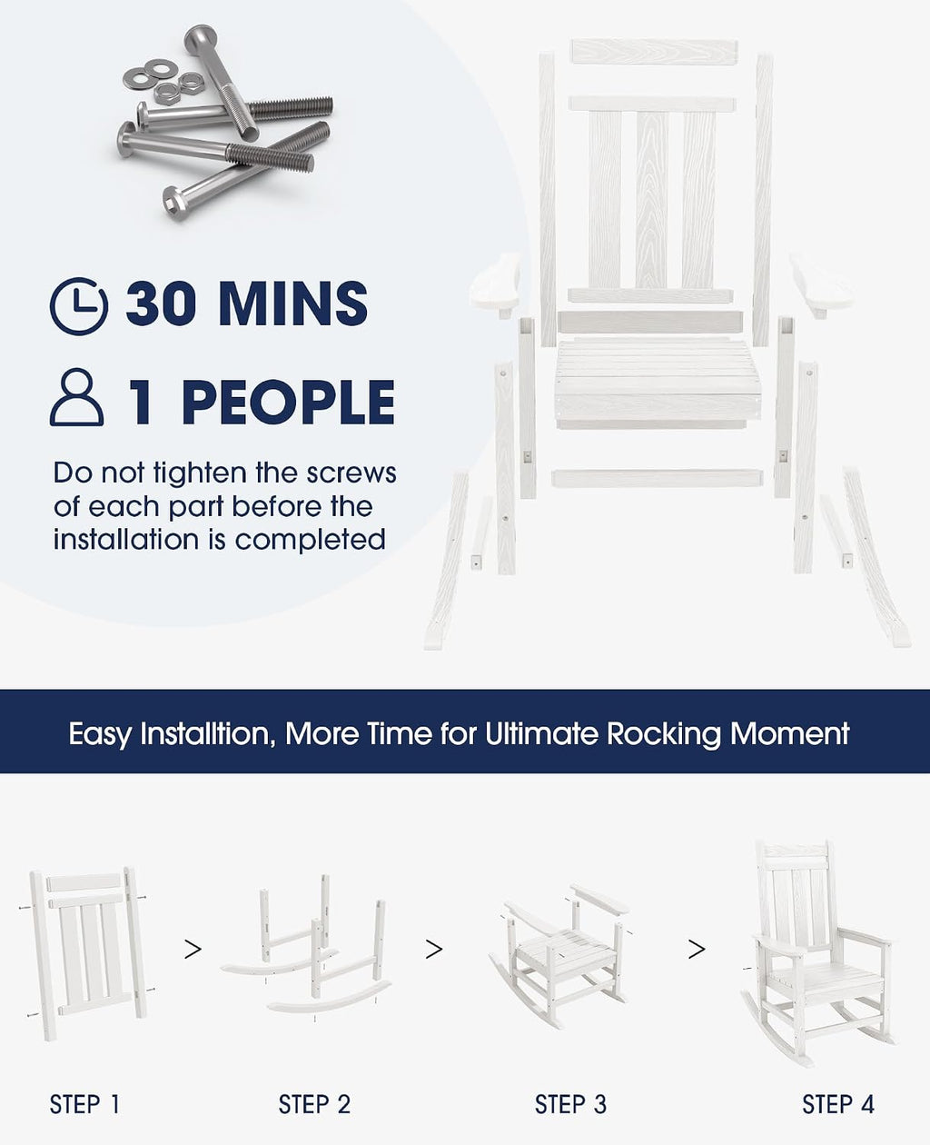 KINGYES Oversized Outdoor Rocking Chair Set of 2, All-Weather Patio Rocking Chairs for Porch, HDPE Outdoor Patio Recliner Rockers with High Back & Wide Seat for Garden, Lawn, White
