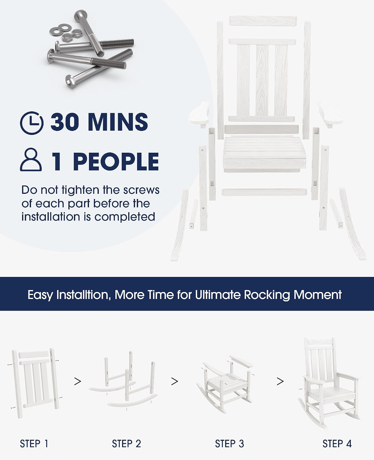 KINGYES Oversized Outdoor Rocking Chair Set of 2, All-Weather Patio Rocking Chairs for Porch, HDPE Outdoor Patio Recliner Rockers with High Back & Wide Seat for Garden, Lawn, White