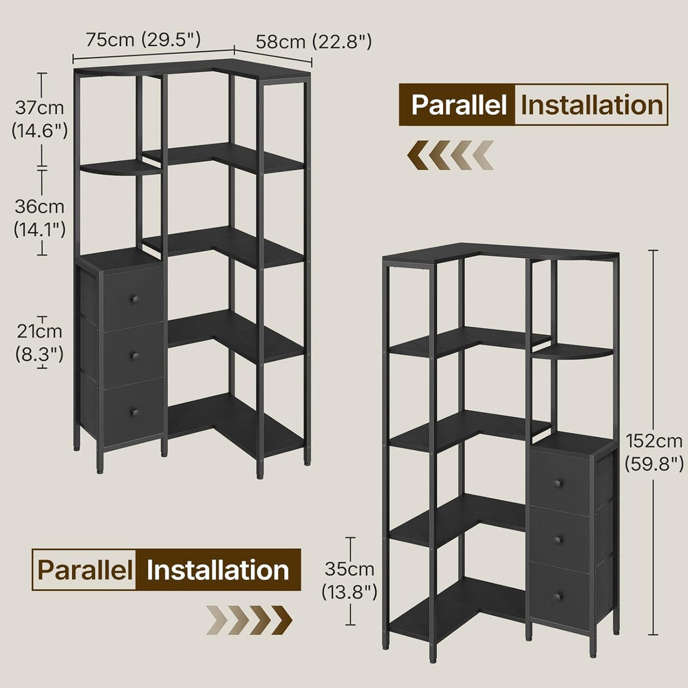YATINEY Corner Bookshelf, 5-Tier L-Shaped Bookcase with 3 Fabric Drawers, Sto...