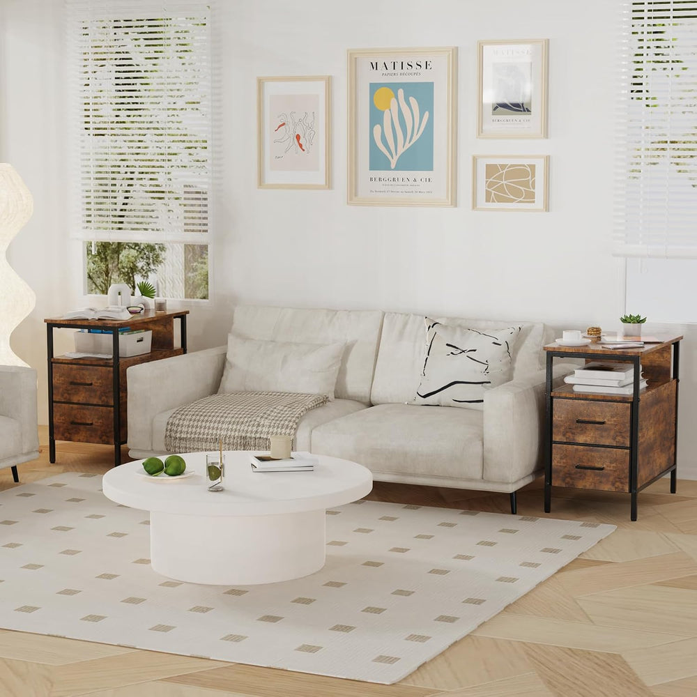 End Table with Charging Station, Narrow Side Table with 2 Fabric Drawers &amp...