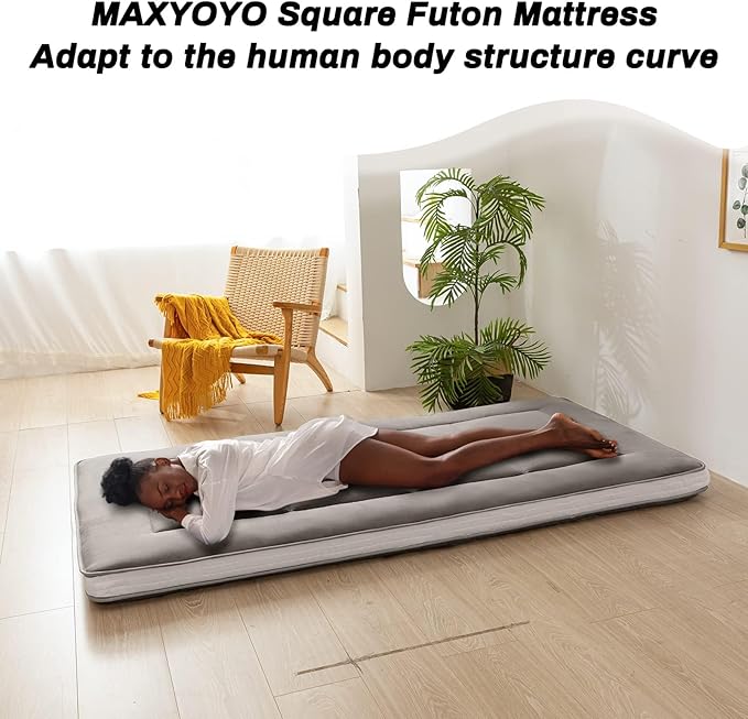 MAXYOYO Twin Bed Mattress Japanese Floor Futon Mattress, Twin Tatami Pad Camping Floor Bed Topper, Easy to Foldable and Portable, Futon Single Mat, Dark Grey