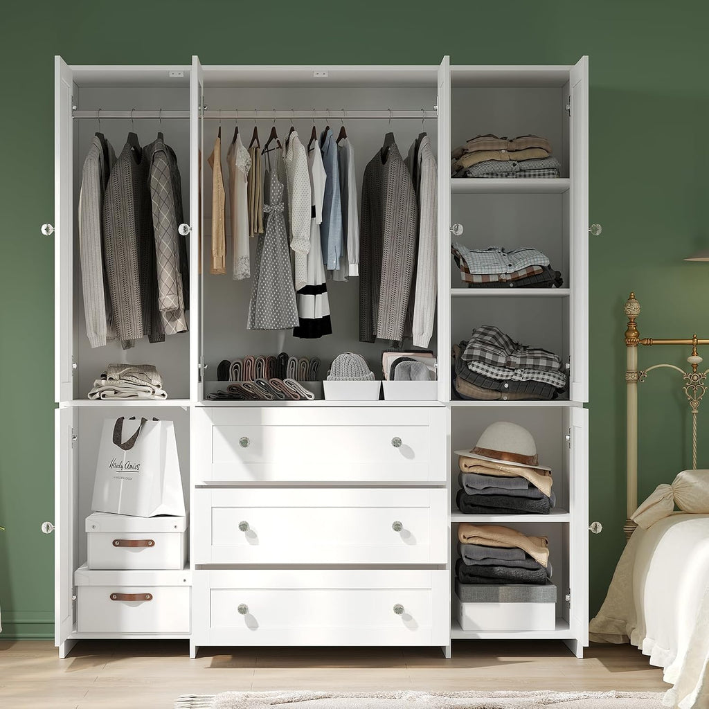 VOWNER 71" Armoire Wardrobe Closet with Drawers and Mirror, 6 Doors | Clothing Storage Cabinet with Hanging Rod, Wardrobe Cabinet for Bedroom, Large Capacity Storage