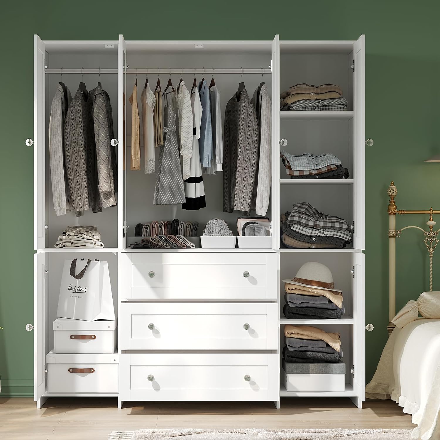 VOWNER 71" Armoire Wardrobe Closet with Drawers and Mirror, 6 Doors | Clothing Storage Cabinet with Hanging Rod, Wardrobe Cabinet for Bedroom, Large Capacity Storage
