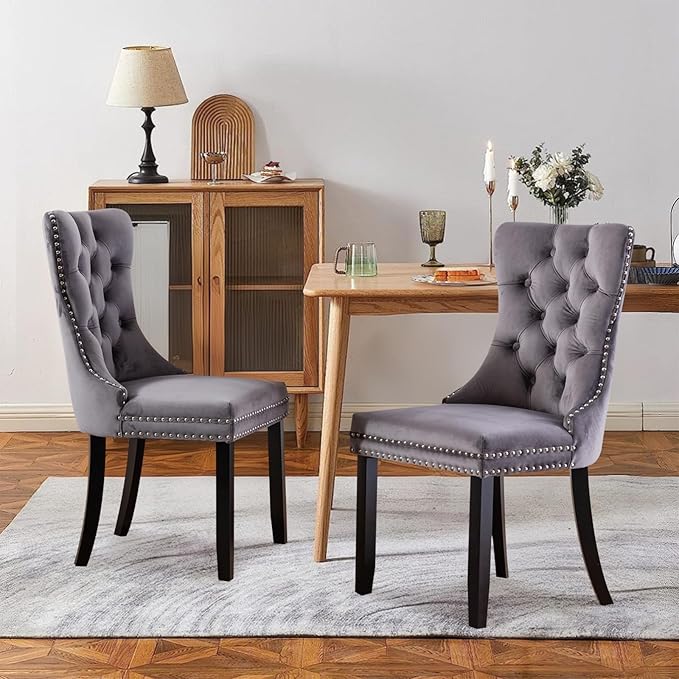 Velvet Upholstered Dining Chairs Set of 2, Modern Style Kitchen Side Chairs with Nailhead Trim and Wood Legs,Metal Pulling Ring for Dining Room Living Room(Grey,Set of 2)