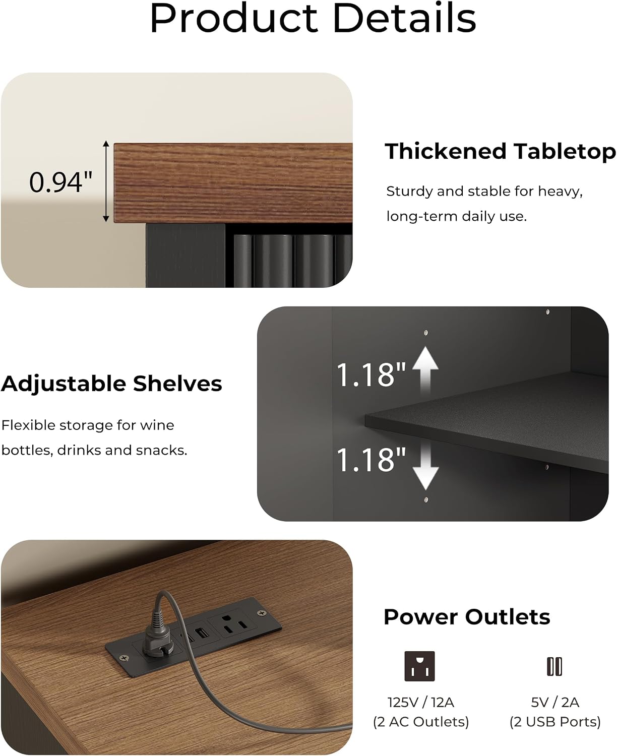 Otterease 39" Fluted Coffee Bar with Fridge Space & Power Outlet, Black | Mini Fridge Cabinet, Mini Fridge Compatible, Wine Bar Cabinet with Power Outlet, Adjustable Shelf, Buffet Sideboard, Home Bar