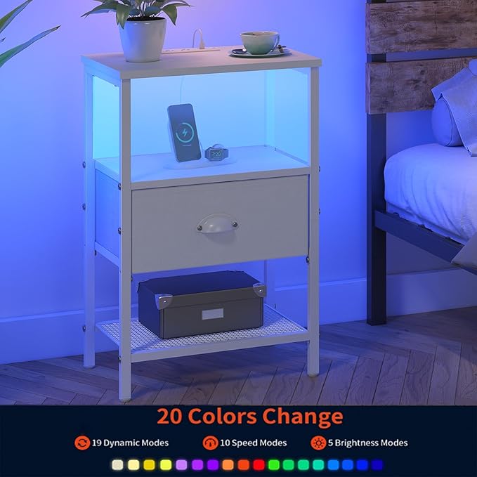 Sthmec Nightstands Set of 2, LED Bedside Tables with Charging Station and Fab...