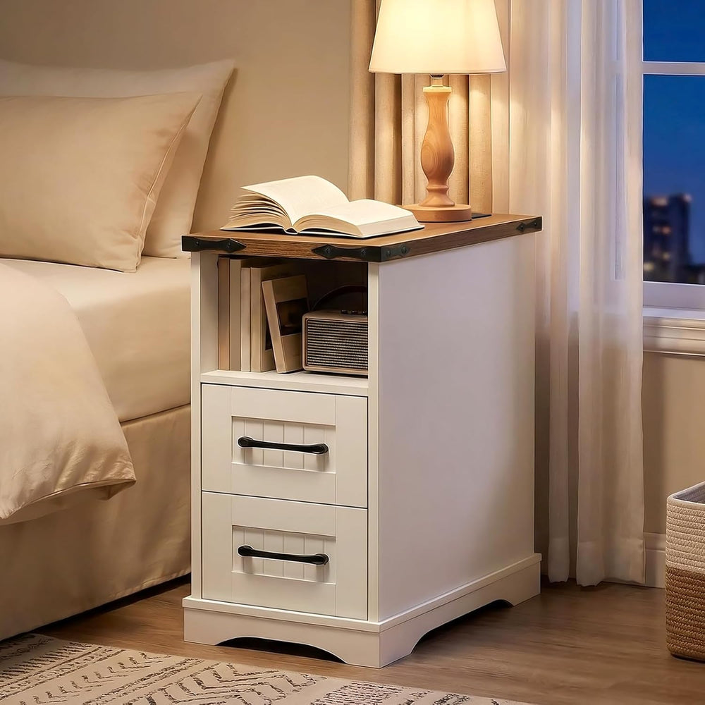 HOOBRO Narrow End Table with Drawers, Farmhouse Nightstand with Charging Stat...