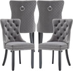 Velvet Dining Chairs Set of 4, Upholstered Dining Room Chairs with Nailhead Trim, Sillas de Comedor Modernas 4, Wooden Kitchen Chairs for Dining Room, Living Room, Kitchen, Bedroom, Grey